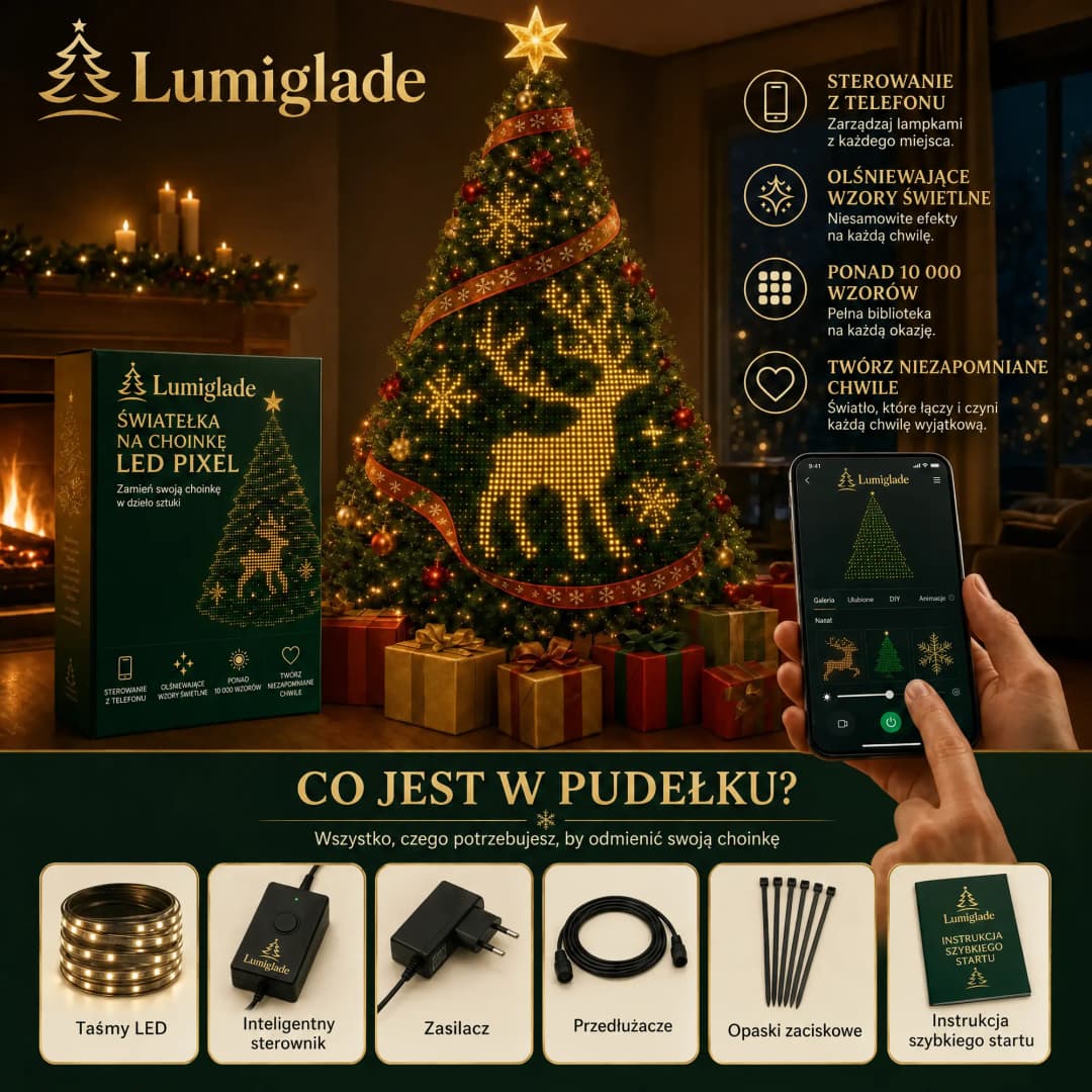 Choinka z Magicznymi Lampkami wyświetlająca renifera, obok pudełko produktu i aplikacja w telefonie
